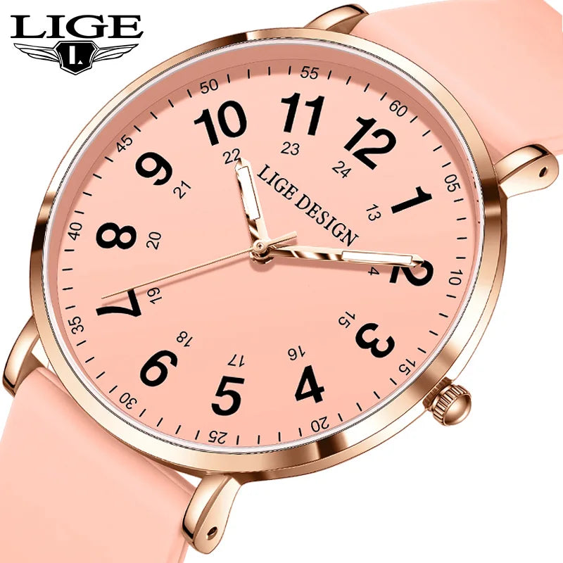 LIGE New Fashion Women's wristwatch Ultra-Thin Quartz Watches for Woman Waterproof Luminous Silicone Ladies Watches Pink Clock