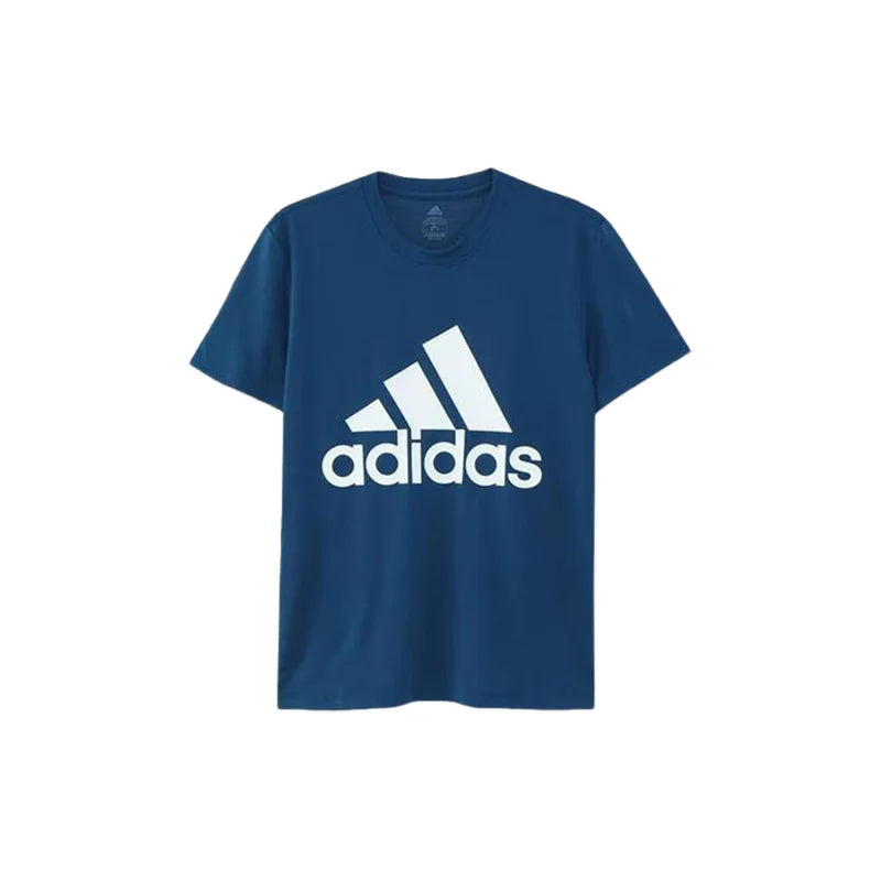 Adidas Men's Navy Blue Short - Sleeve T - Shirt with White Brand Logo and Text for Casual and Sports Wear