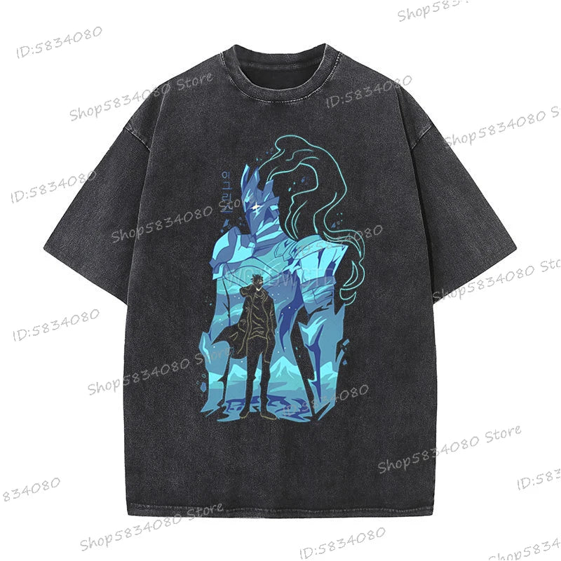 Vintage Solo Leveling T-shirts Loose Anime Wash Cotton Soft Tee Solo Leveling Sung Jin-woo Mens Clothing Anime Harajuku Male Top