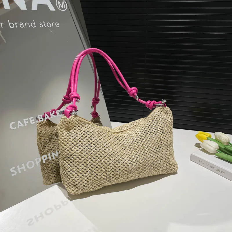 Women New Handmade Braided Straw Bag Large Capacity Beach Shoulder Bag Summer Rattan Woven Tote Boho Fashion Handbag