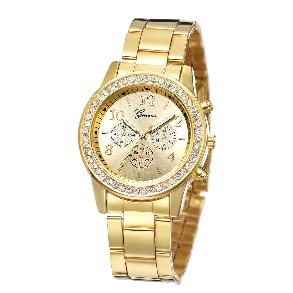 Gold Women Watch Geneva Classic Stainless Steel Women's Watch Fashion Rhinestone Quartz Watches Wristwatch for Woman Girls