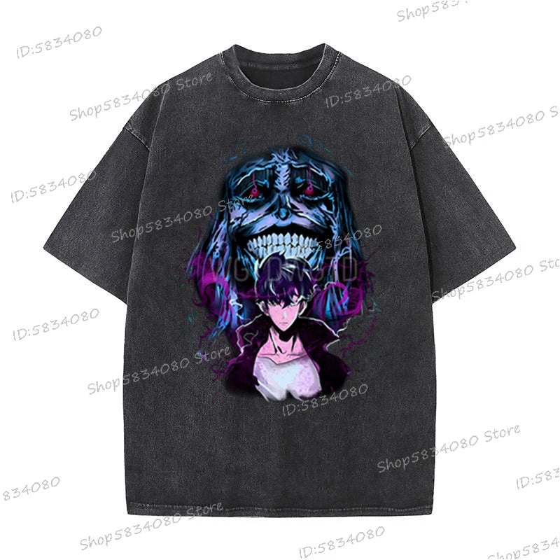 Vintage Solo Leveling T-shirts Loose Anime Wash Cotton Soft Tee Solo Leveling Sung Jin-woo Mens Clothing Anime Harajuku Male Top