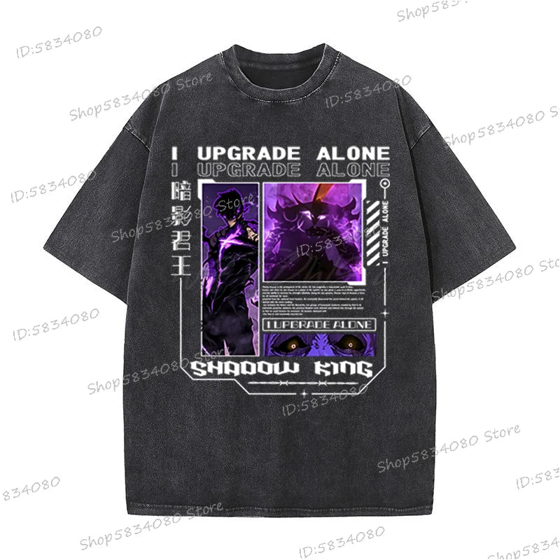 Vintage Solo Leveling T-shirts Loose Anime Wash Cotton Soft Tee Solo Leveling Sung Jin-woo Mens Clothing Anime Harajuku Male Top