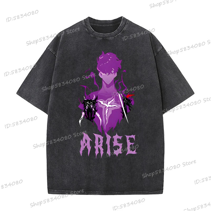 Vintage Solo Leveling T-shirts Loose Anime Wash Cotton Soft Tee Solo Leveling Sung Jin-woo Mens Clothing Anime Harajuku Male Top