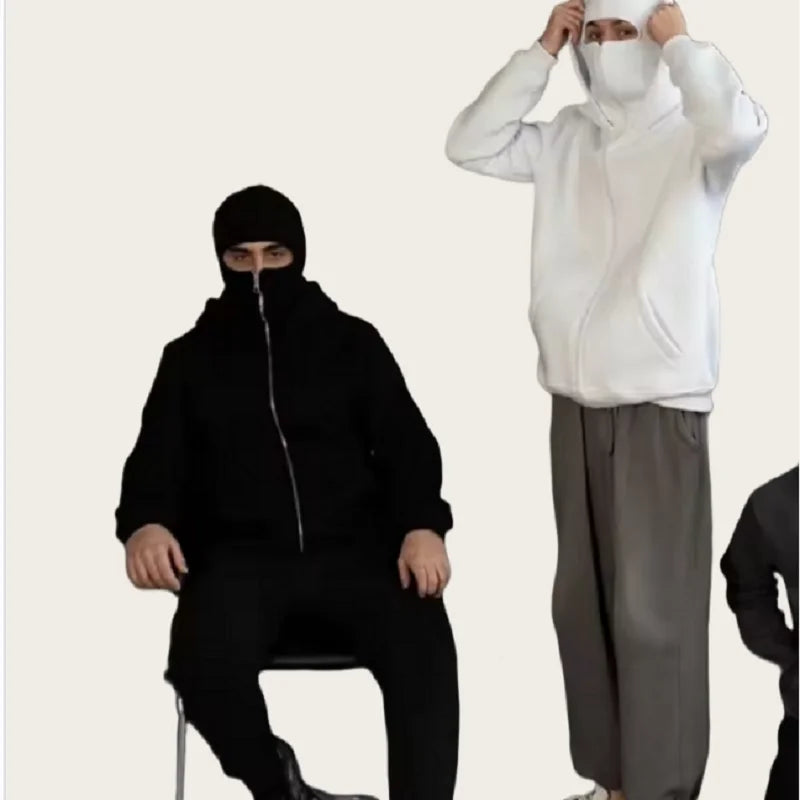Double Hat Balaclava Hoodies Fashion Hip Hop Winter Windproof Sweatshirt Streetwear Trend ﻿zipper Face Mask Hoodie Jacket Coat
