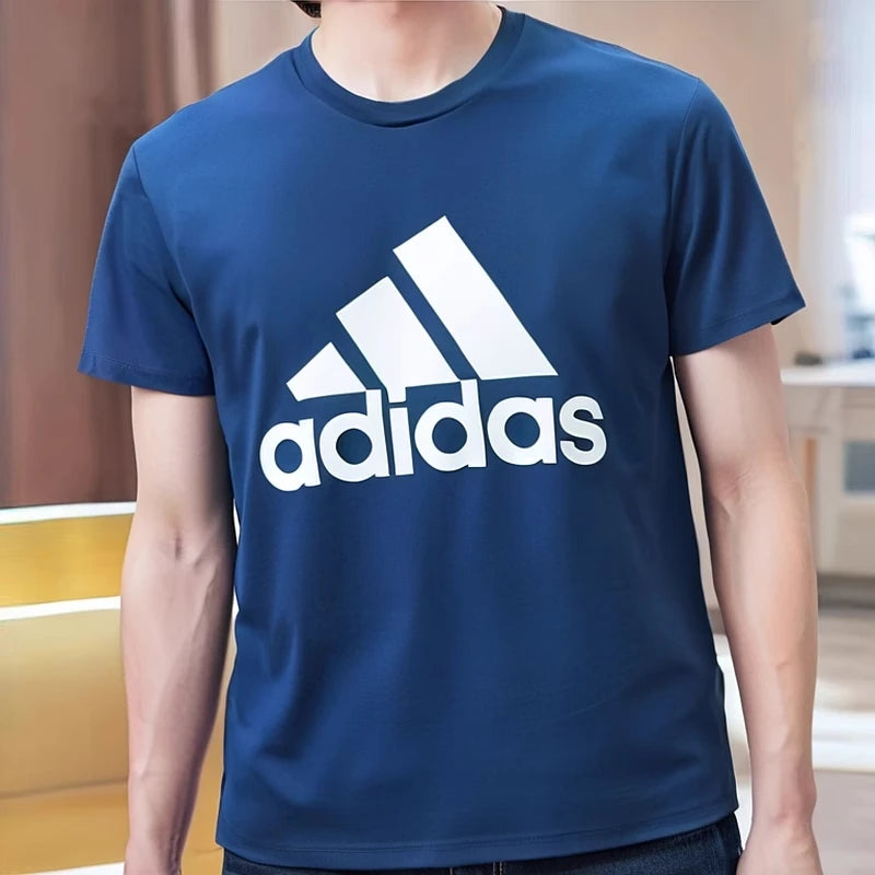Adidas Men's Navy Blue Short - Sleeve T - Shirt with White Brand Logo and Text for Casual and Sports Wear