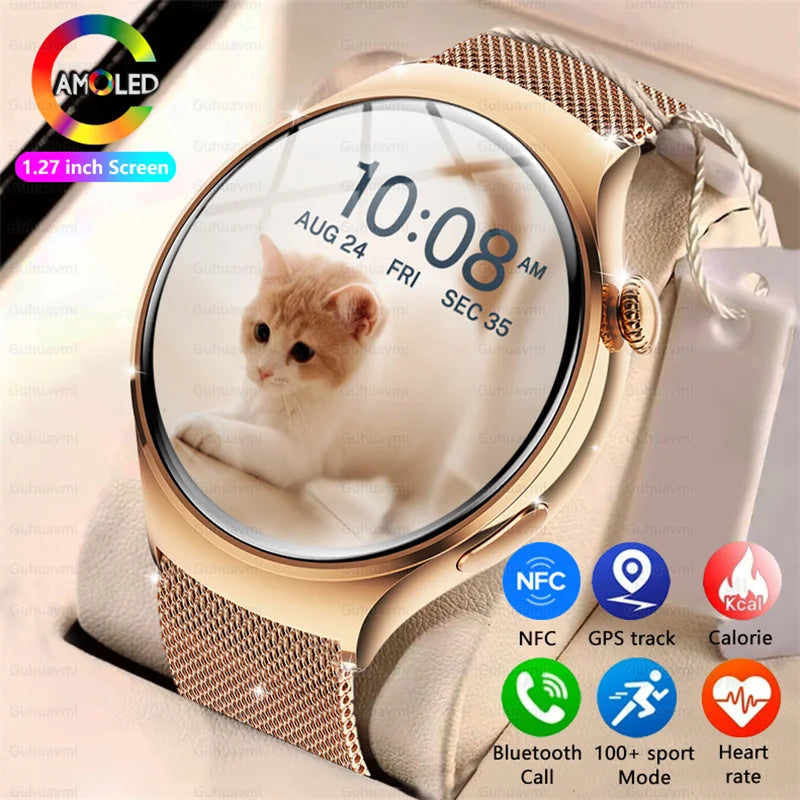 For HUAWEI IOS Women Watch 4 Mini Smart Watch AMOLED NFC Heart Rate Clock BT Call GPS Lady Smartwatch for Women pink Custom dial