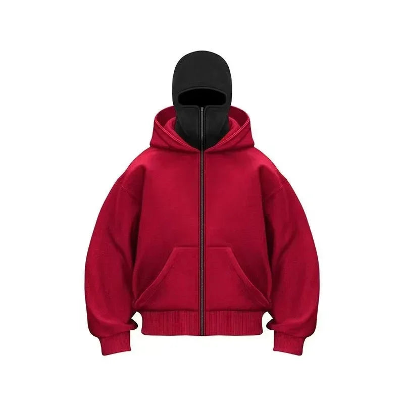 Double Hat Balaclava Hoodies Fashion Hip Hop Winter Windproof Sweatshirt Streetwear Trend ﻿zipper Face Mask Hoodie Jacket Coat