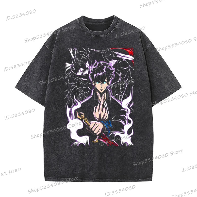 Vintage Solo Leveling T-shirts Loose Anime Wash Cotton Soft Tee Solo Leveling Sung Jin-woo Mens Clothing Anime Harajuku Male Top