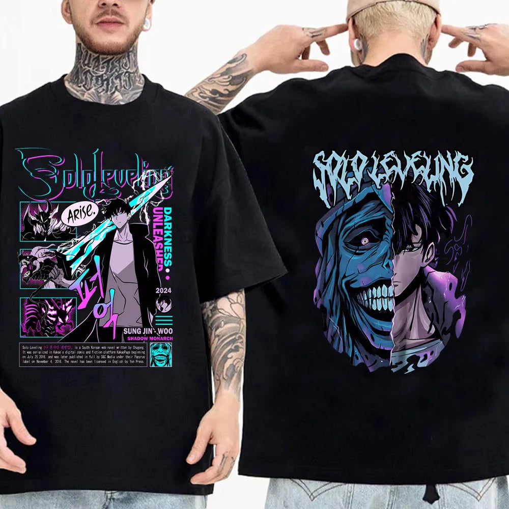 Solo Leveling Statue of God Shirt Sung Jinwoo Shirt Anime Graphic Tees Anime High Quality Cotton T Shirt Tops Streetwear