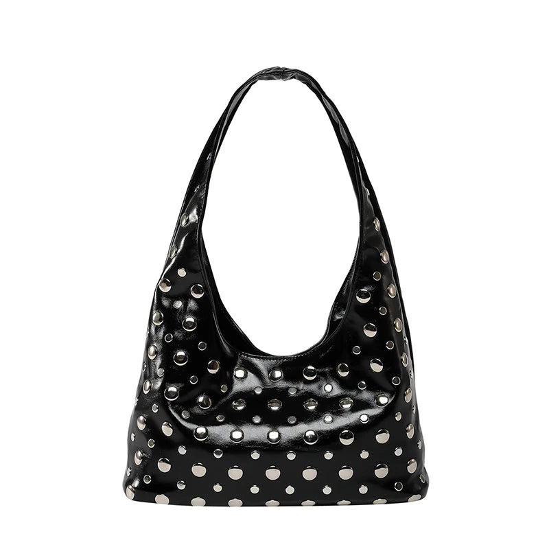 2025 Fashion Glossy PU Sense of Luxury Shoulder Bags Rivets Unique Design Personality Popularity Commute Tote Bags for Women