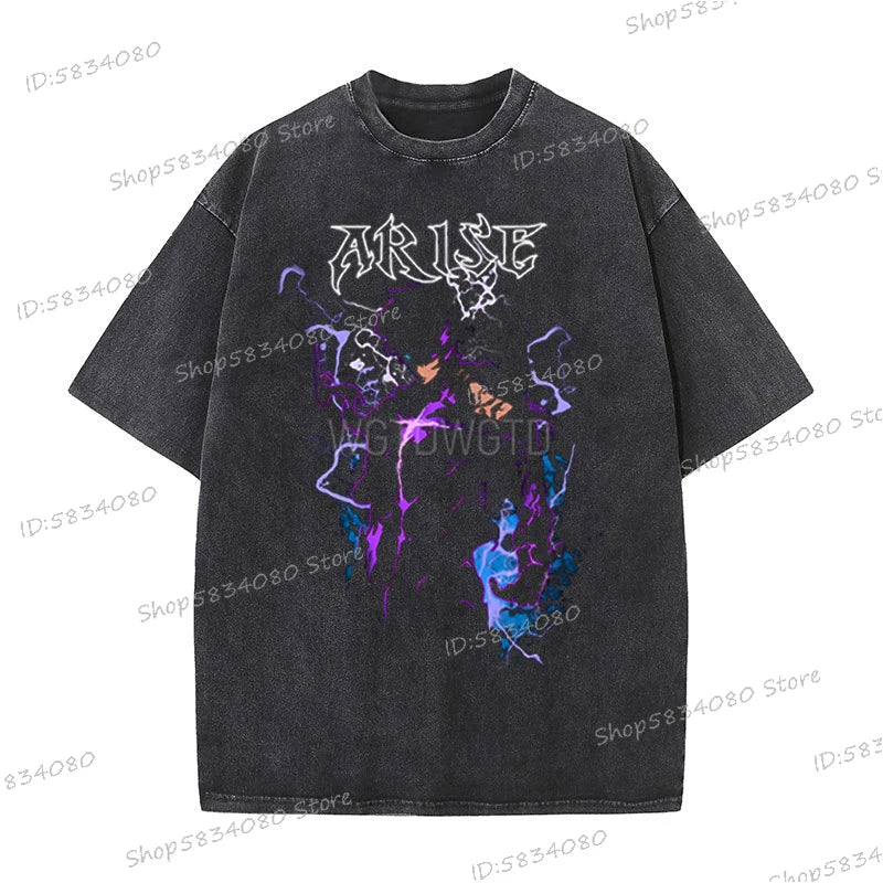 Vintage Solo Leveling T-shirts Loose Anime Wash Cotton Soft Tee Solo Leveling Sung Jin-woo Mens Clothing Anime Harajuku Male Top