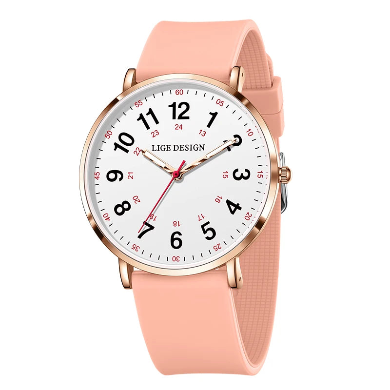 LIGE New Fashion Women's wristwatch Ultra-Thin Quartz Watches for Woman Waterproof Luminous Silicone Ladies Watches Pink Clock