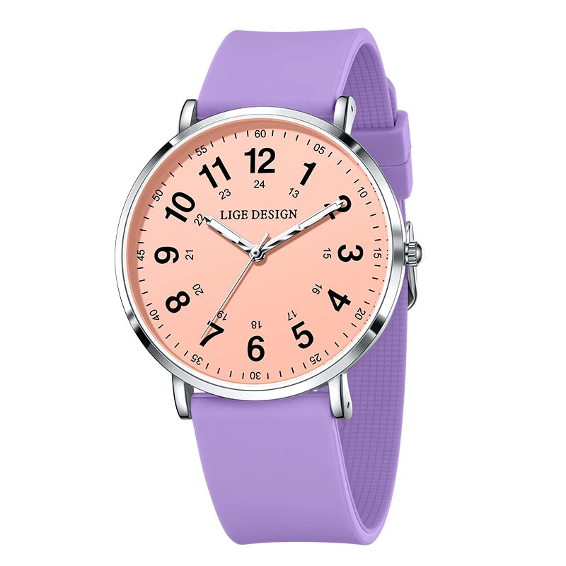 LIGE New Fashion Women's wristwatch Ultra-Thin Quartz Watches for Woman Waterproof Luminous Silicone Ladies Watches Pink Clock