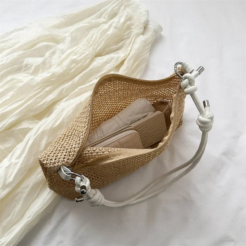 Women New Handmade Braided Straw Bag Large Capacity Beach Shoulder Bag Summer Rattan Woven Tote Boho Fashion Handbag