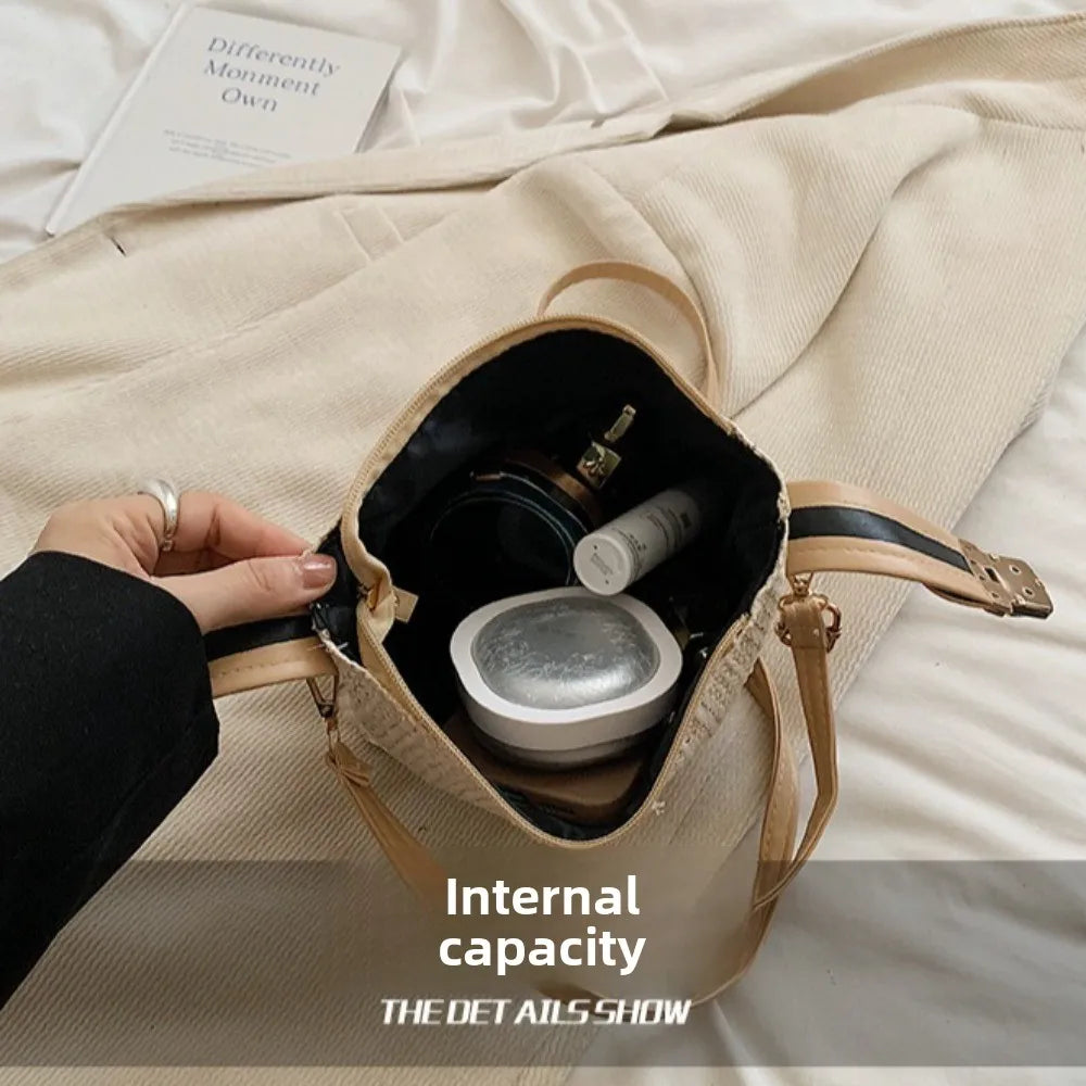 Korean Straw Woven Handbag Women Bag Boho Crossbody Bag Vintage Casual Beach Purse Tote Shoulder Bag