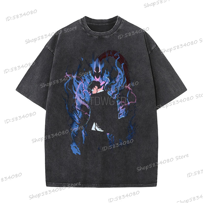 Vintage Solo Leveling T-shirts Loose Anime Wash Cotton Soft Tee Solo Leveling Sung Jin-woo Mens Clothing Anime Harajuku Male Top