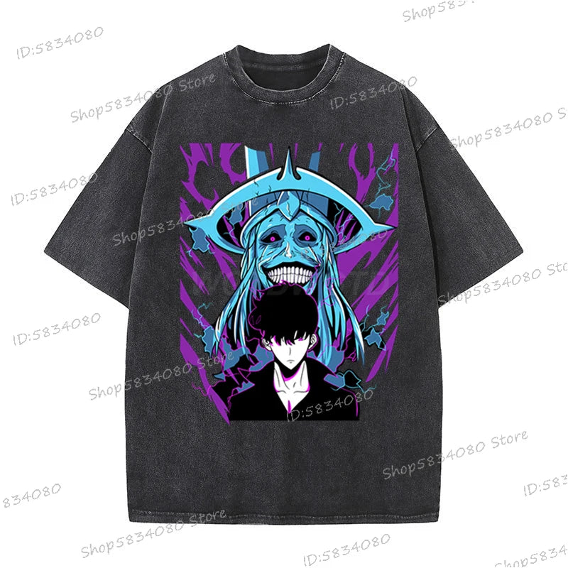 Vintage Solo Leveling T-shirts Loose Anime Wash Cotton Soft Tee Solo Leveling Sung Jin-woo Mens Clothing Anime Harajuku Male Top