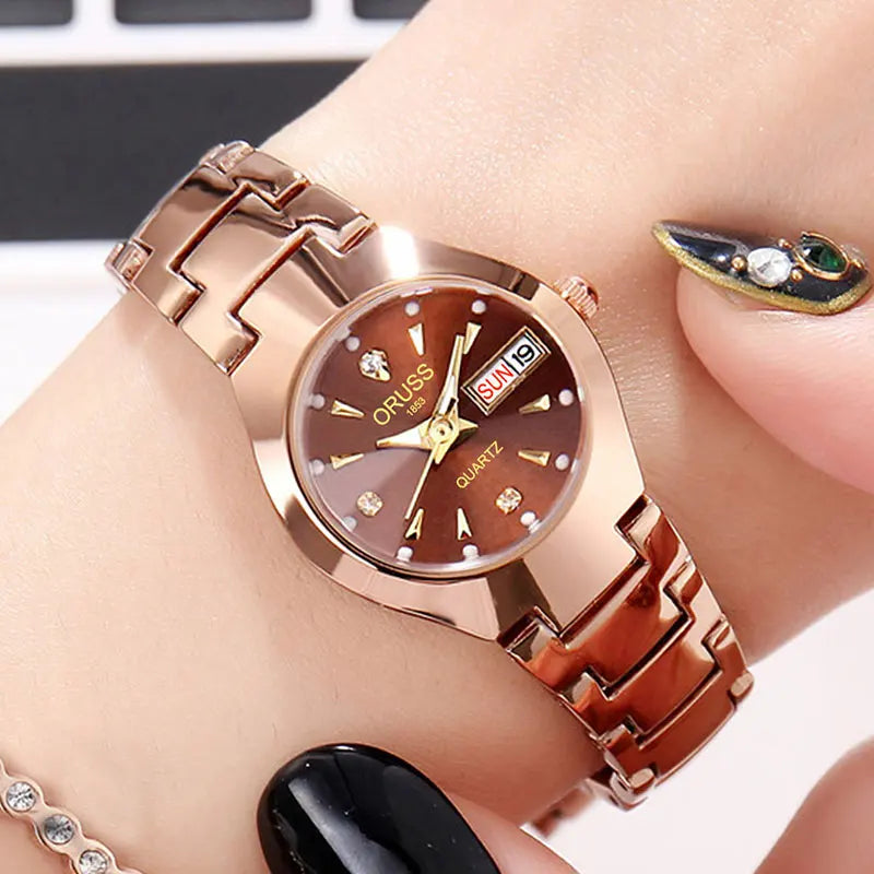 ORUSS Hot Brand Ladies' Watch High Quality Stainless Steel  Waterproof Luminous Pointer Week Calendar Eleganc Women Quartz Watch