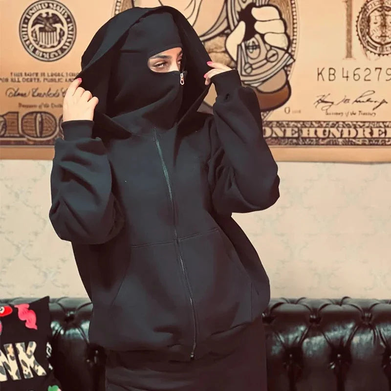Double Hat Balaclava Hoodies Fashion Hip Hop Winter Windproof Sweatshirt Streetwear Trend ﻿zipper Face Mask Hoodie Jacket Coat
