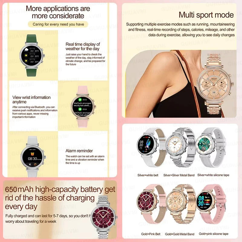Women diamond Smart Watch ECG Women Health tracking Watch Full Touch Screen BT Call Custom dial Smartwatch For Huawei Xiaomi IOS