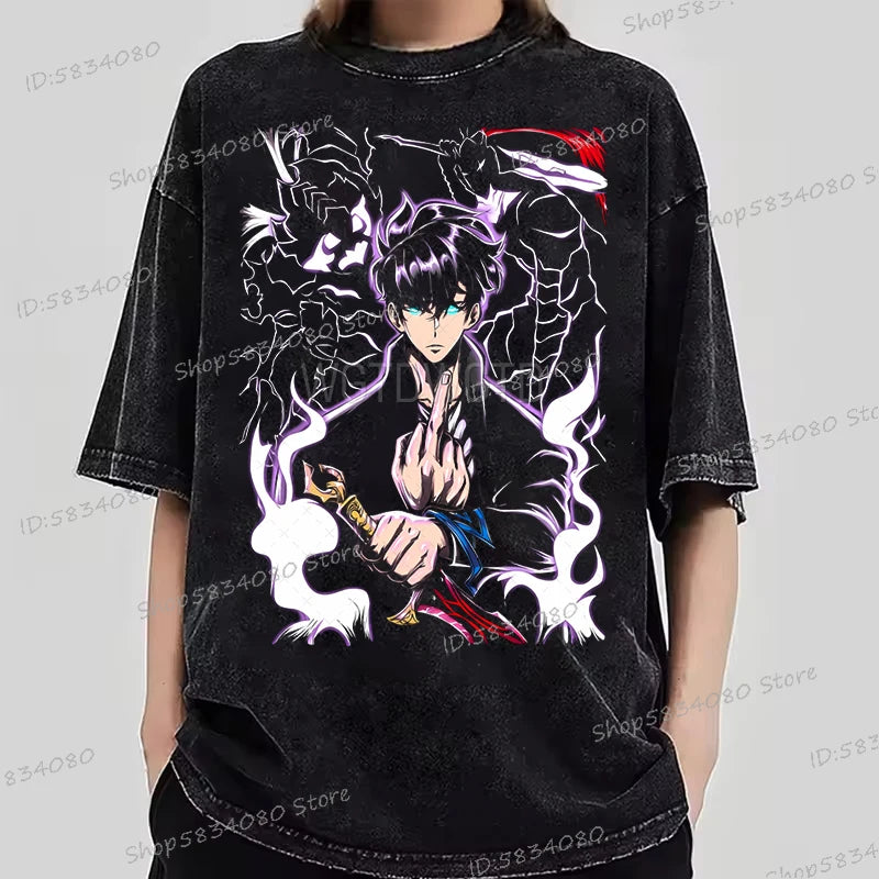Vintage Solo Leveling T-shirts Loose Anime Wash Cotton Soft Tee Solo Leveling Sung Jin-woo Mens Clothing Anime Harajuku Male Top