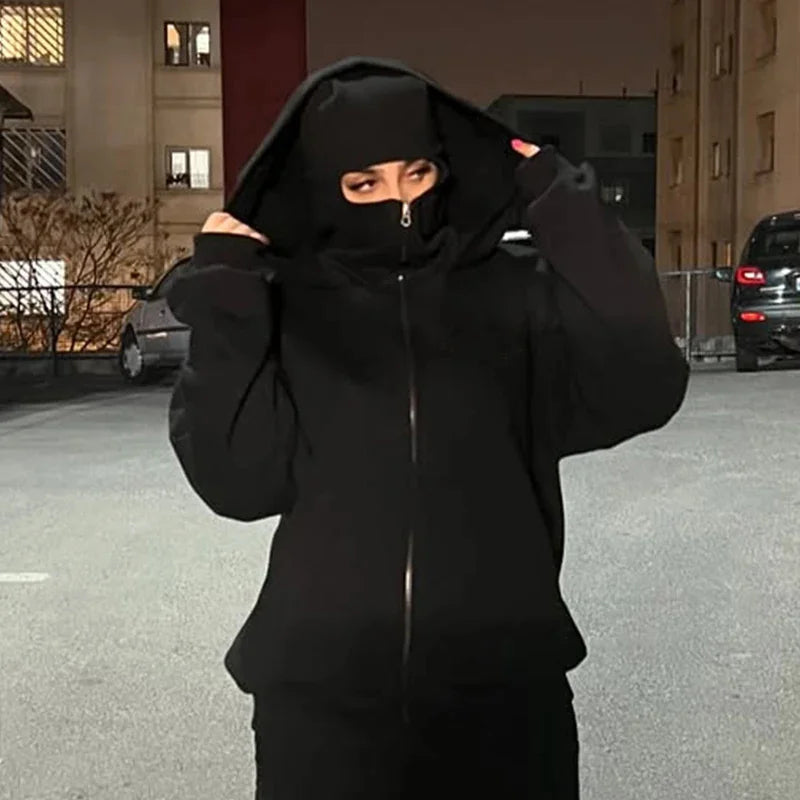 Double Hat Balaclava Hoodies Fashion Hip Hop Winter Windproof Sweatshirt Streetwear Trend ﻿zipper Face Mask Hoodie Jacket Coat