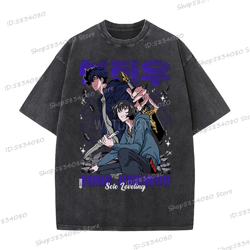 Vintage Solo Leveling T-shirts Loose Anime Wash Cotton Soft Tee Solo Leveling Sung Jin-woo Mens Clothing Anime Harajuku Male Top