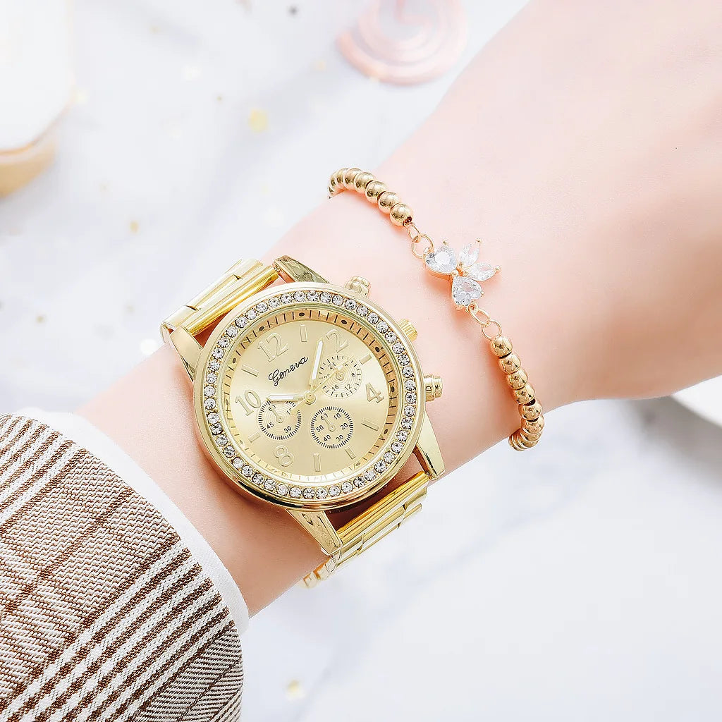 Gold Women Watch Geneva Classic Stainless Steel Women's Watch Fashion Rhinestone Quartz Watches Wristwatch for Woman Girls