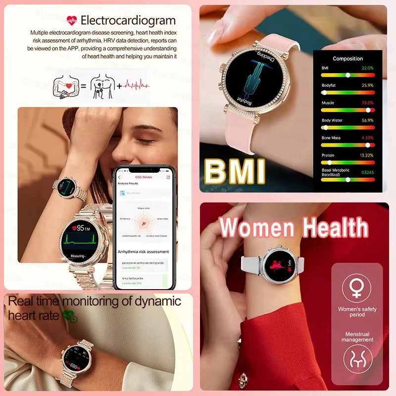 Women diamond Smart Watch ECG Women Health tracking Watch Full Touch Screen BT Call Custom dial Smartwatch For Huawei Xiaomi IOS