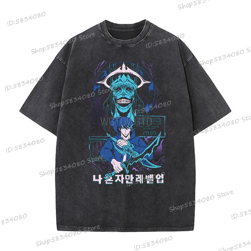 Vintage Solo Leveling T-shirts Loose Anime Wash Cotton Soft Tee Solo Leveling Sung Jin-woo Mens Clothing Anime Harajuku Male Top