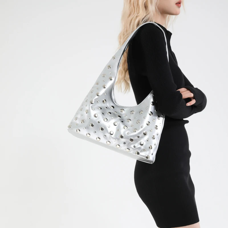 2025 Fashion Glossy PU Sense of Luxury Shoulder Bags Rivets Unique Design Personality Popularity Commute Tote Bags for Women