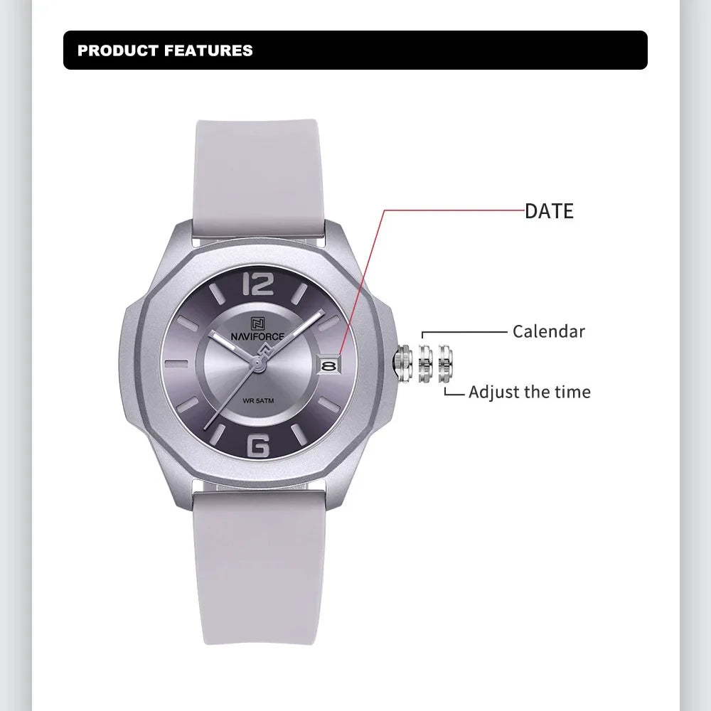 NAVIFORCE 7107 Watch for Women Fashion Elegant Female Quartz Silicone Strap Wristwatch 5ATM Waterproof Date Display Ladies Clock