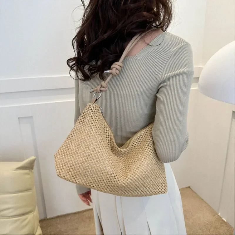 Women New Handmade Braided Straw Bag Large Capacity Beach Shoulder Bag Summer Rattan Woven Tote Boho Fashion Handbag