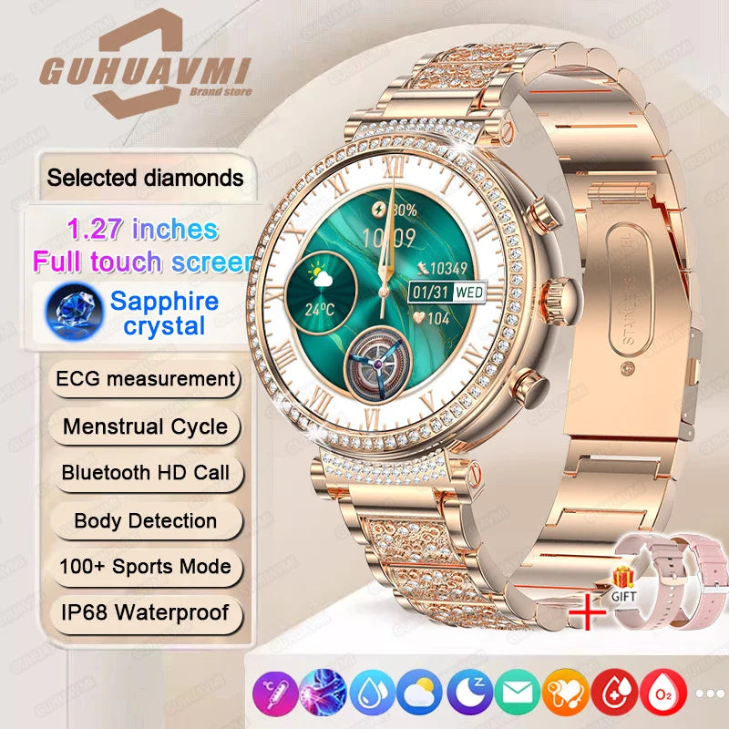 Women diamond Smart Watch ECG Women Health tracking Watch Full Touch Screen BT Call Custom dial Smartwatch For Huawei Xiaomi IOS