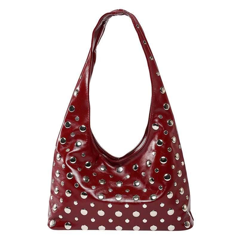 2025 Fashion Glossy PU Sense of Luxury Shoulder Bags Rivets Unique Design Personality Popularity Commute Tote Bags for Women