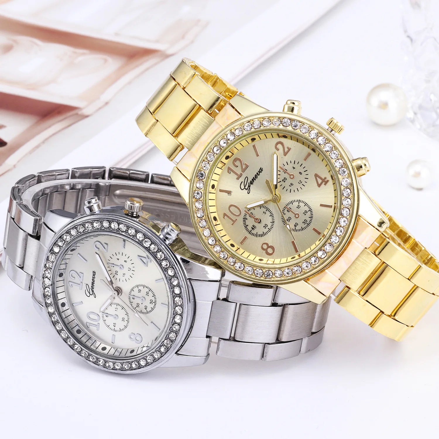 Gold Women Watch Geneva Classic Stainless Steel Women's Watch Fashion Rhinestone Quartz Watches Wristwatch for Woman Girls