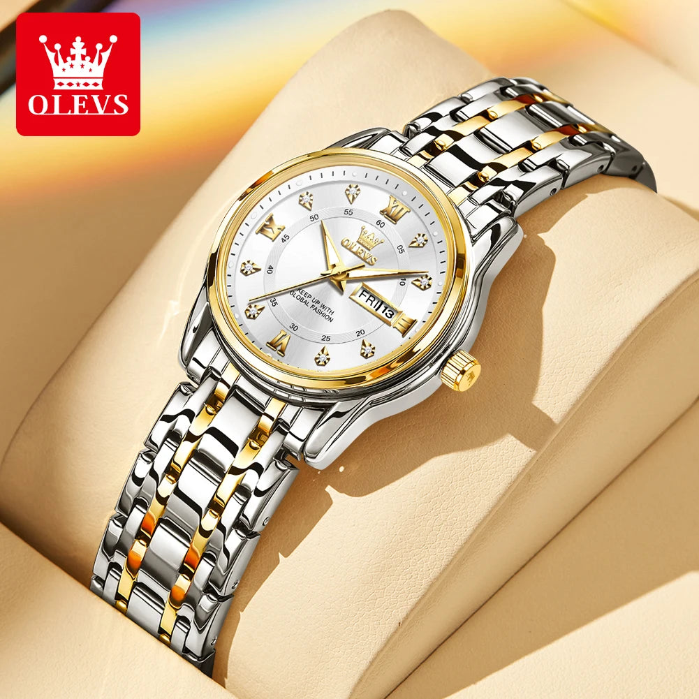 OLEVS 5513 Fashion Ladies' Watches Elegant Stainless Steel Waterproof Quartz Watch for Women Weekly Calendar Luminous Wristwatch