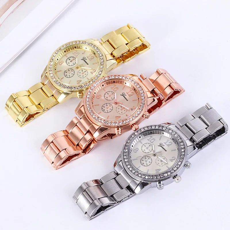 Gold Women Watch Geneva Classic Stainless Steel Women's Watch Fashion Rhinestone Quartz Watches Wristwatch for Woman Girls