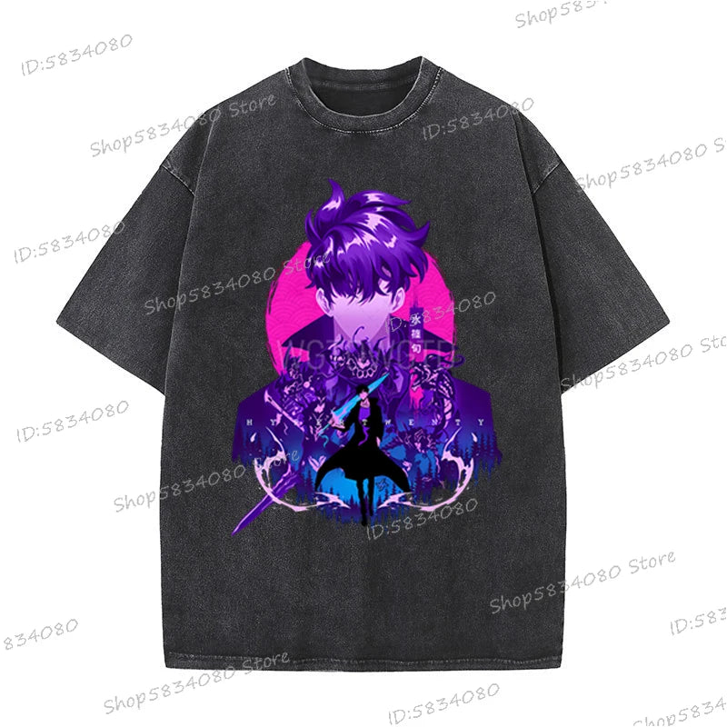 Vintage Solo Leveling T-shirts Loose Anime Wash Cotton Soft Tee Solo Leveling Sung Jin-woo Mens Clothing Anime Harajuku Male Top