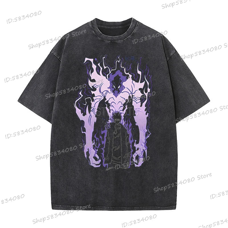 Vintage Solo Leveling T-shirts Loose Anime Wash Cotton Soft Tee Solo Leveling Sung Jin-woo Mens Clothing Anime Harajuku Male Top