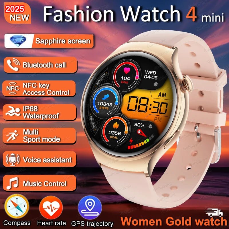 For HUAWEI IOS Women Watch 4 Mini Smart Watch AMOLED NFC Heart Rate Clock BT Call GPS Lady Smartwatch for Women pink Custom dial