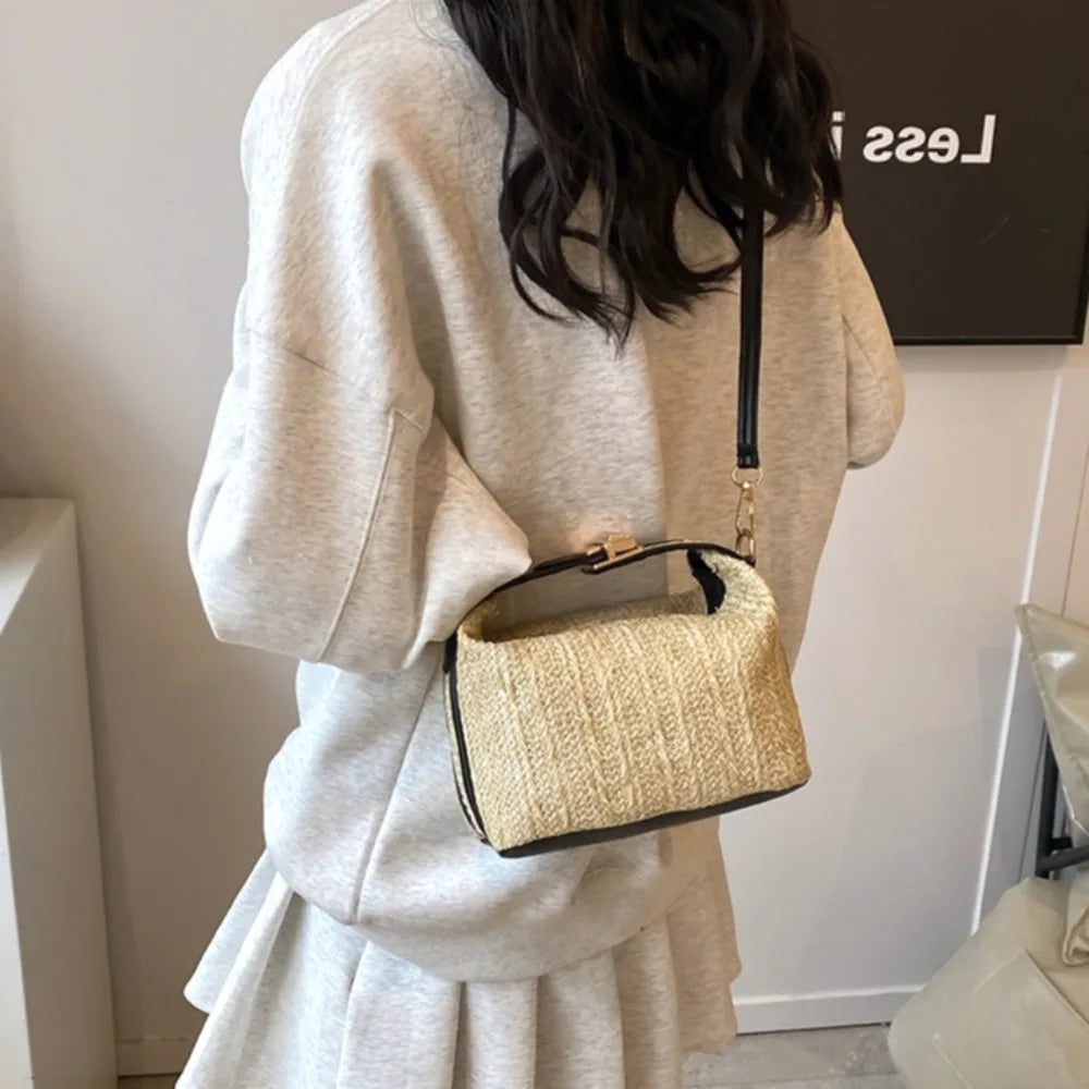 Korean Straw Woven Handbag Women Bag Boho Crossbody Bag Vintage Casual Beach Purse Tote Shoulder Bag