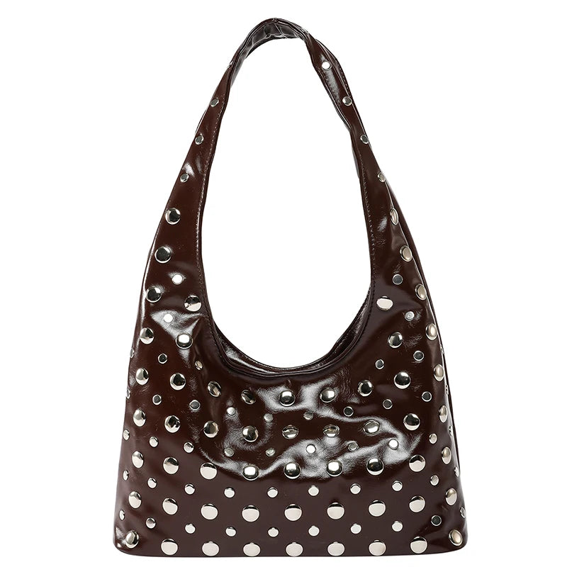 2025 Fashion Glossy PU Sense of Luxury Shoulder Bags Rivets Unique Design Personality Popularity Commute Tote Bags for Women