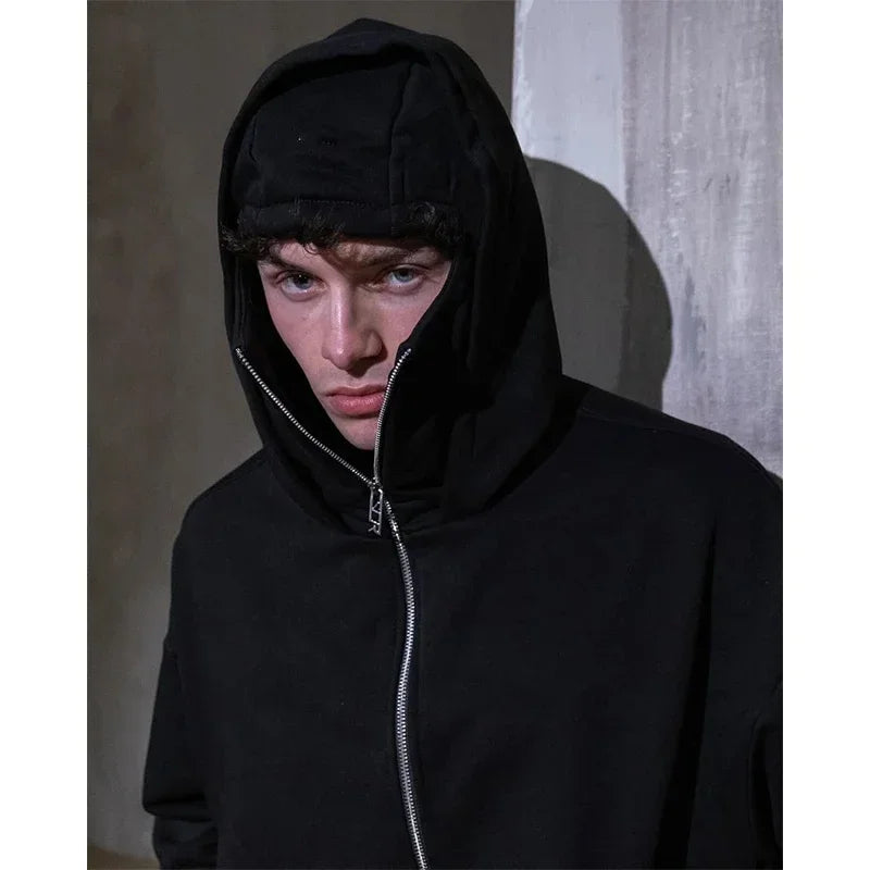 Double Hat Balaclava Hoodies Fashion Hip Hop Winter Windproof Sweatshirt Streetwear Trend ﻿zipper Face Mask Hoodie Jacket Coat