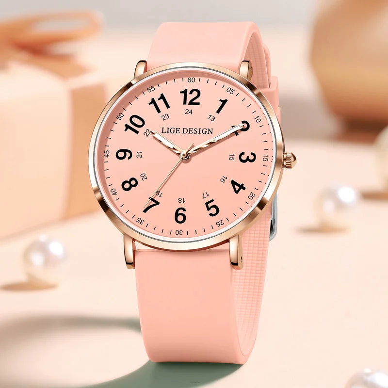 LIGE New Fashion Women's wristwatch Ultra-Thin Quartz Watches for Woman Waterproof Luminous Silicone Ladies Watches Pink Clock