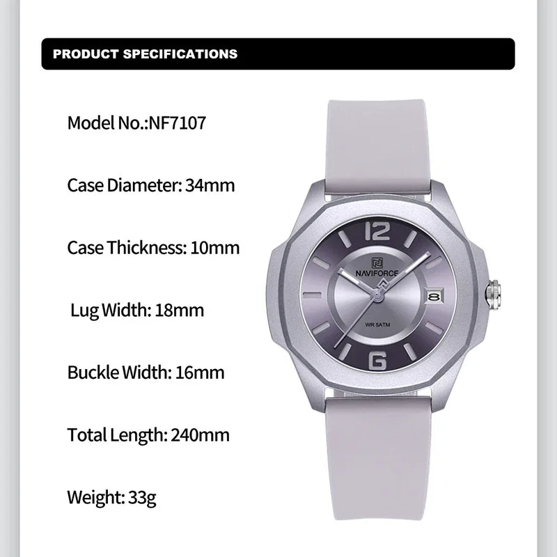 NAVIFORCE 7107 Watch for Women Fashion Elegant Female Quartz Silicone Strap Wristwatch 5ATM Waterproof Date Display Ladies Clock