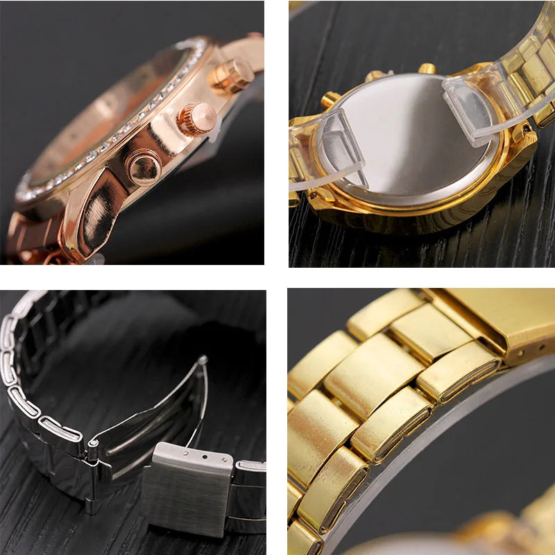 Gold Women Watch Geneva Classic Stainless Steel Women's Watch Fashion Rhinestone Quartz Watches Wristwatch for Woman Girls