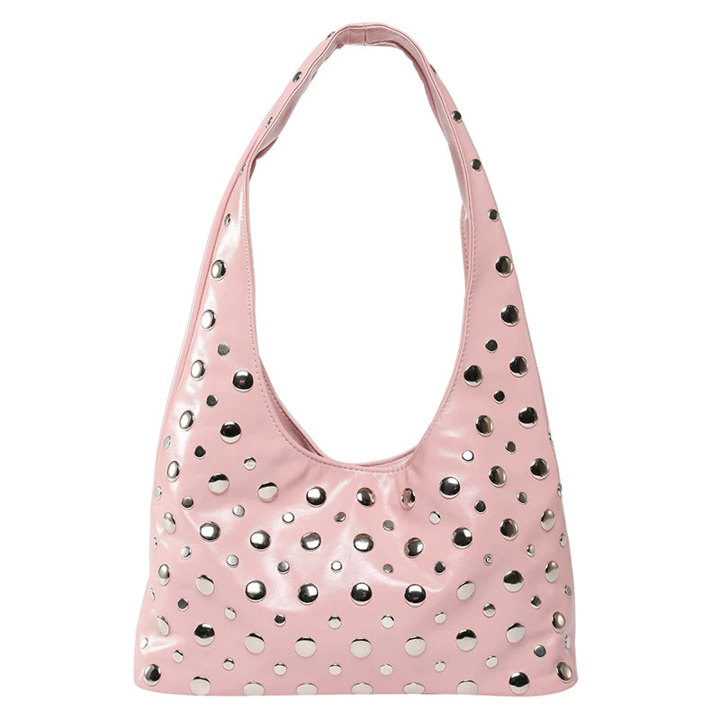 2025 Fashion Glossy PU Sense of Luxury Shoulder Bags Rivets Unique Design Personality Popularity Commute Tote Bags for Women