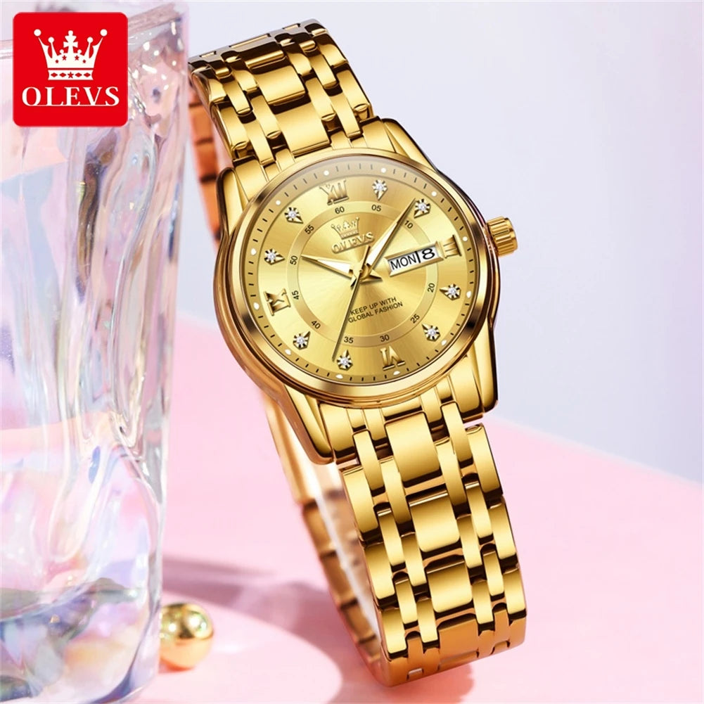 OLEVS 5513 Fashion Ladies' Watches Elegant Stainless Steel Waterproof Quartz Watch for Women Weekly Calendar Luminous Wristwatch
